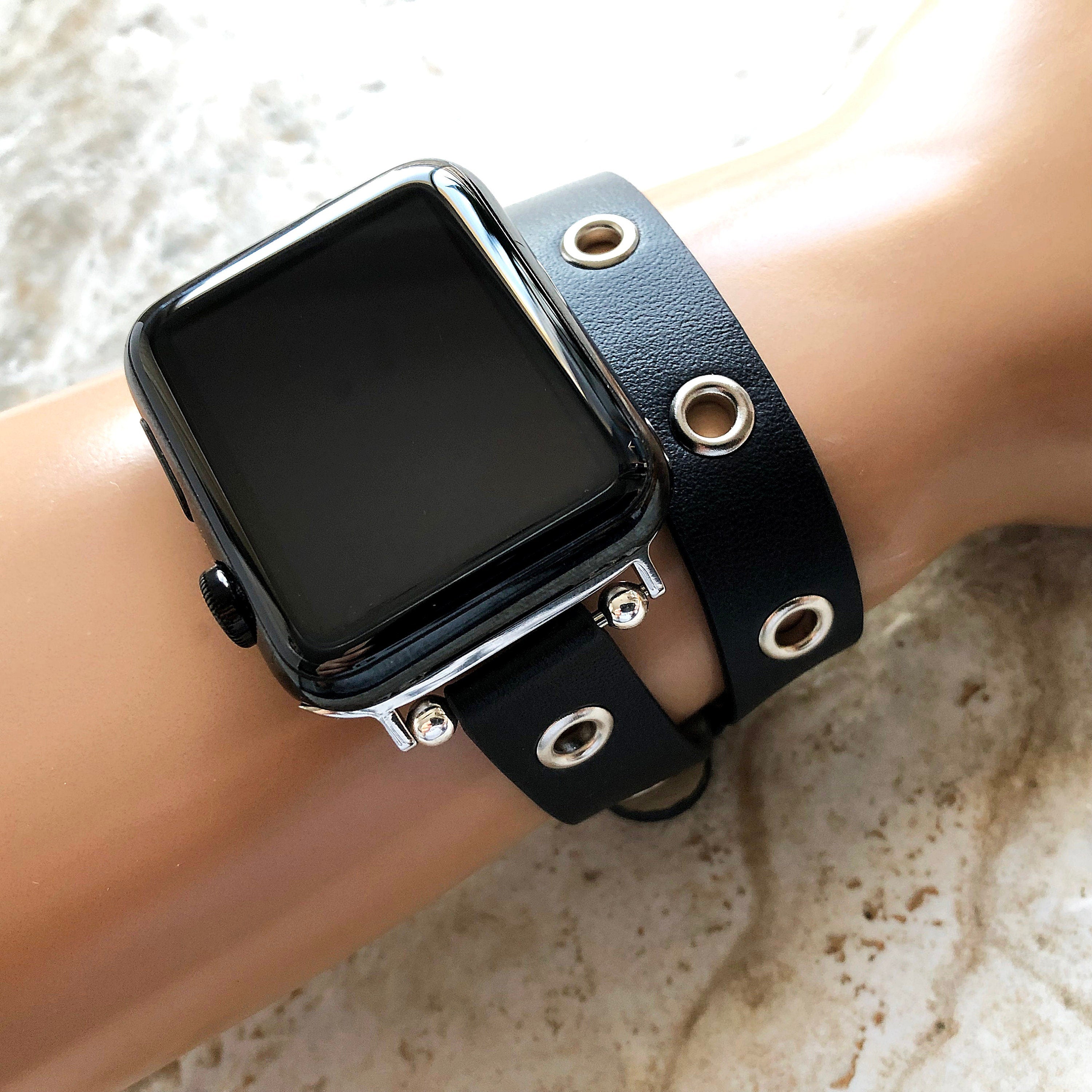 Apple Black Double Wrap Band for iWatch Ultra 2 49mm and 9 8 Series 41mm 45mm Case Twice Around Wrist Leather Bracelet Fashion Straps GM
